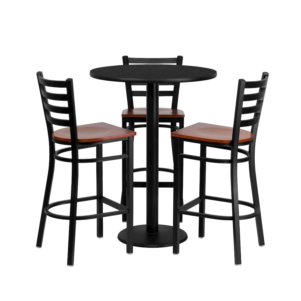 30'' Round Black Table Set with 3 Ladder Back Metal Barstools - Cherry Wood Seat. Picture 1