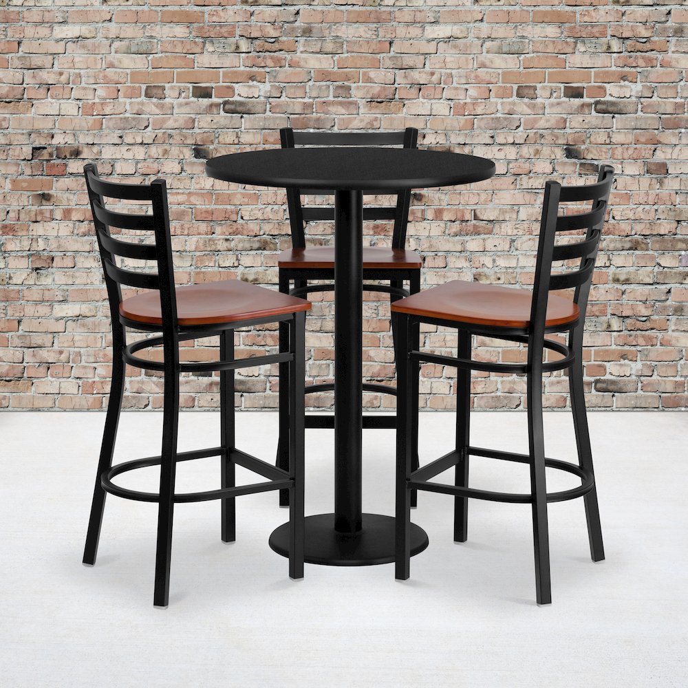 30'' Round Black Table Set with 3 Ladder Back Metal Barstools - Cherry Wood Seat. Picture 2