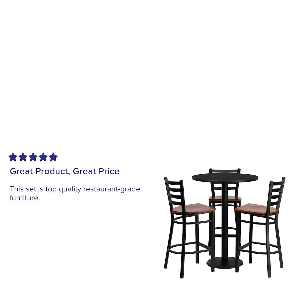30'' Round Black Table Set with 3 Ladder Back Metal Barstools - Cherry Wood Seat. Picture 4
