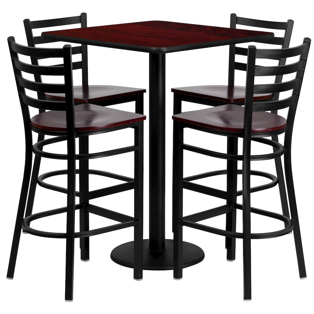 30'' Mahogany Table Set with 4 Ladder Back Metal Barstools - Mahogany Wood Seat. Picture 1