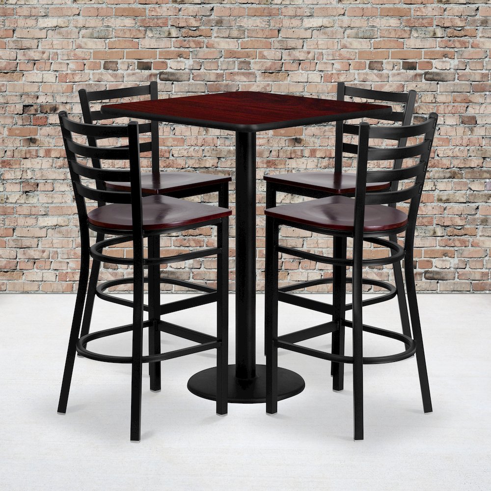 30'' Mahogany Table Set with 4 Ladder Back Metal Barstools - Mahogany Wood Seat. Picture 2