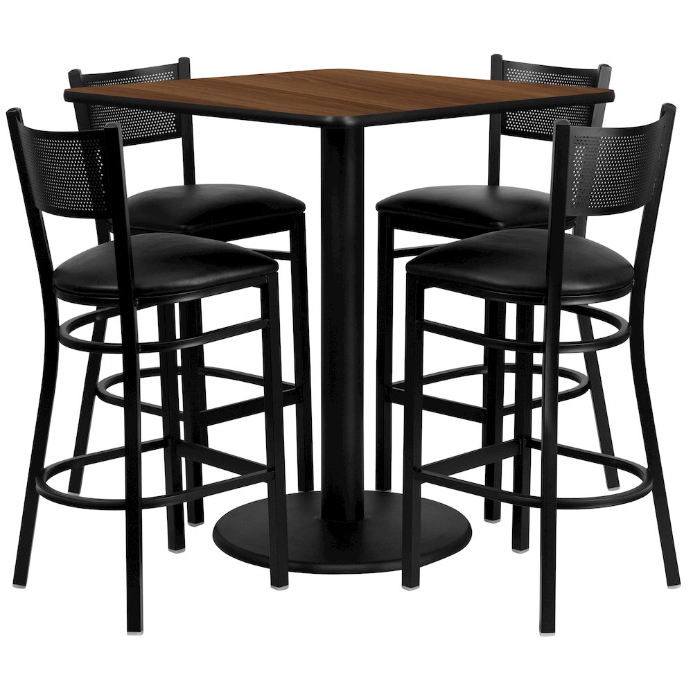 36'' Square Walnut Laminate Table Set with 4 Grid Back Metal Barstools - Black Vinyl Seat. Picture 1