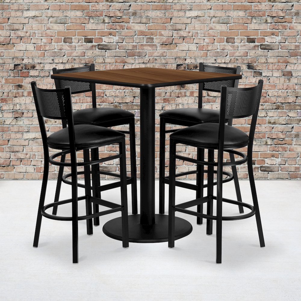 36'' Square Walnut Laminate Table Set with 4 Grid Back Metal Barstools - Black Vinyl Seat. Picture 2