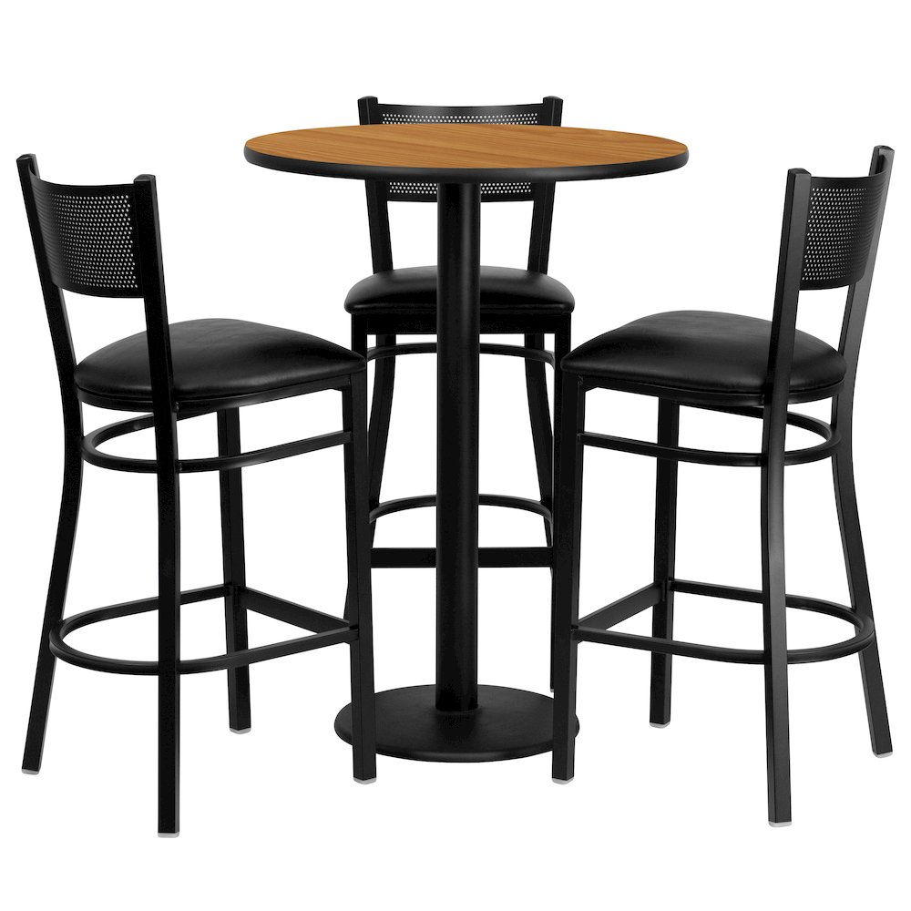 30'' Round Natural Table Set with 3 Grid Back Metal Barstools - Black Vinyl Seat. Picture 1