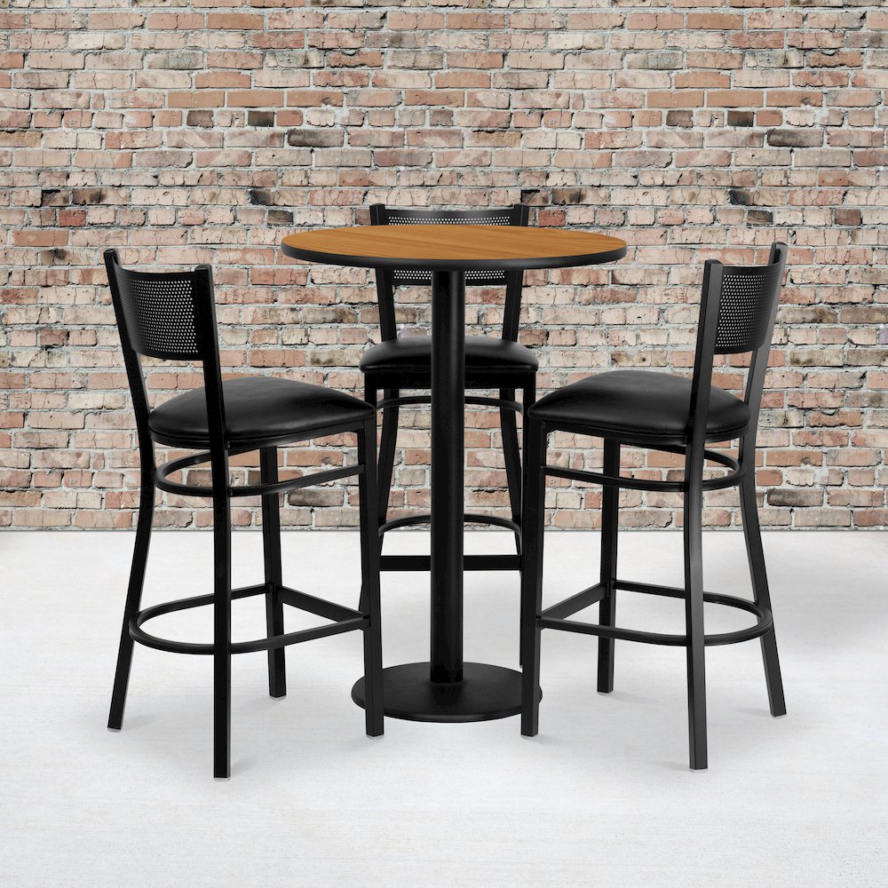 30'' Round Natural Table Set with 3 Grid Back Metal Barstools - Black Vinyl Seat. Picture 2