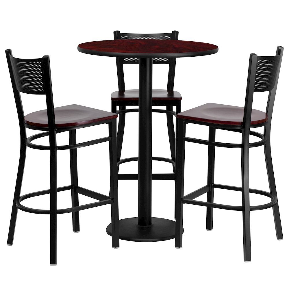 30'' Mahogany Table Set with 3 Grid Back Metal Barstools - Mahogany Wood Seat. Picture 1