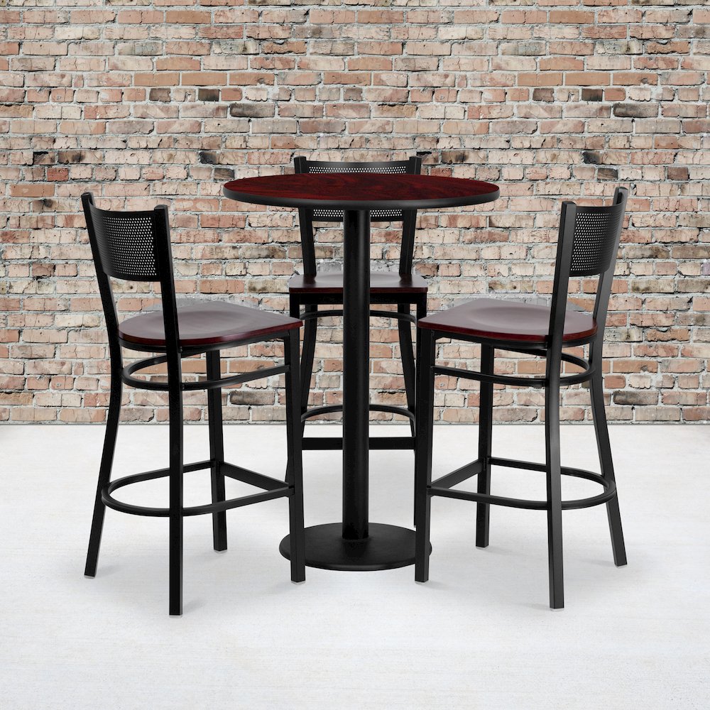 30'' Mahogany Table Set with 3 Grid Back Metal Barstools - Mahogany Wood Seat. Picture 2