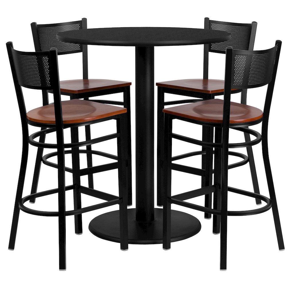 36'' Round Black Laminate Table Set with 4 Grid Back Metal Barstools - Cherry Wood Seat. Picture 1