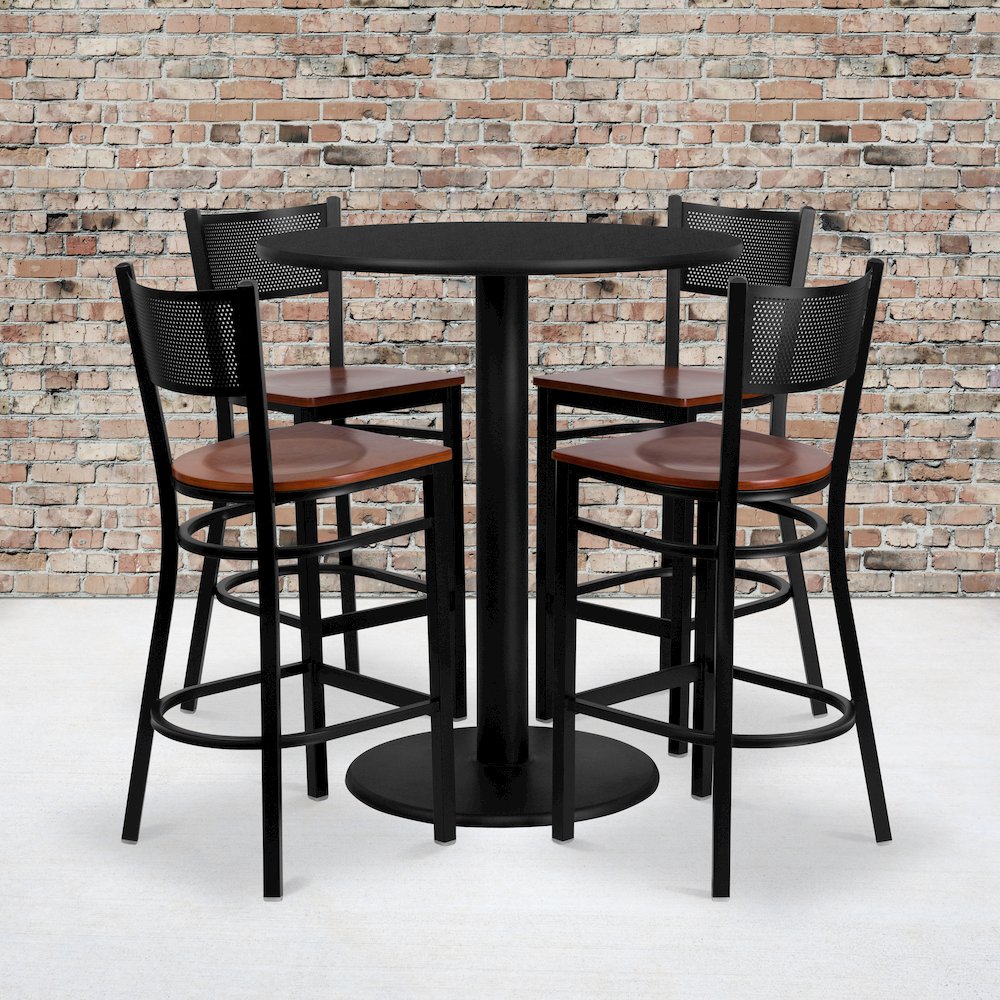 36'' Round Black Laminate Table Set with 4 Grid Back Metal Barstools - Cherry Wood Seat. Picture 2