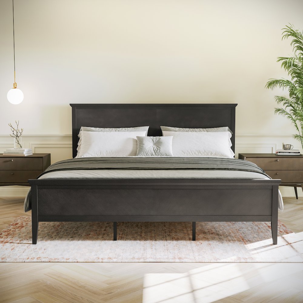 King Size Solid Wood Platform Bed Frame, Dark Gray. Picture 3