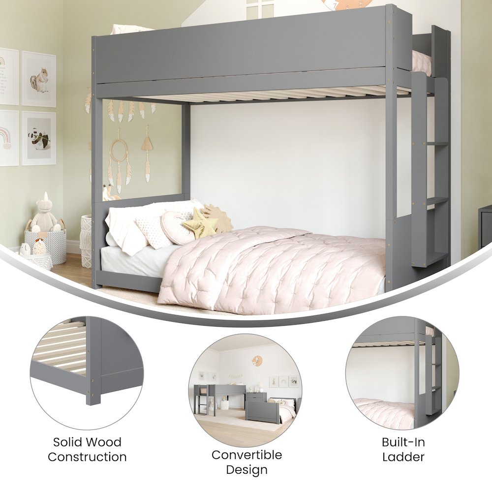 Bunk Bed Twin Over Twin, Convertible Solid Wood Bunk Bed Frame, Gray. Picture 4
