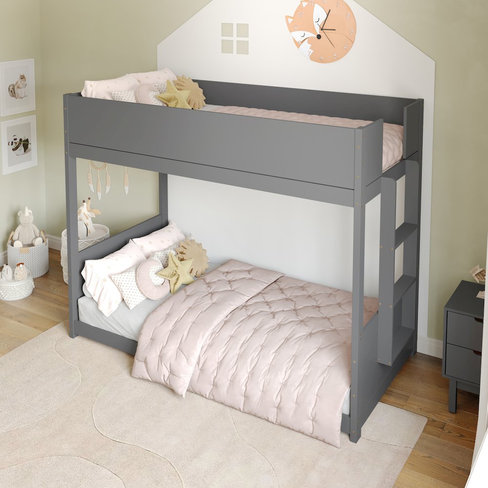 Bunk Bed Twin Over Twin, Convertible Solid Wood Bunk Bed Frame, Gray. Picture 3