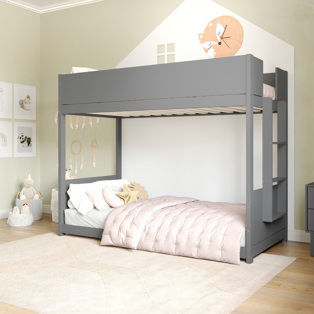 Bunk Bed Twin Over Twin, Convertible Solid Wood Bunk Bed Frame, Gray. Picture 7