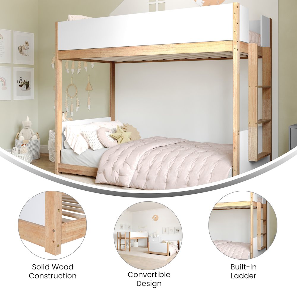 Bunk Bed Twin Over Twin, Convertible Solid Wood Bunk Bed Frame, White/Natural. Picture 4