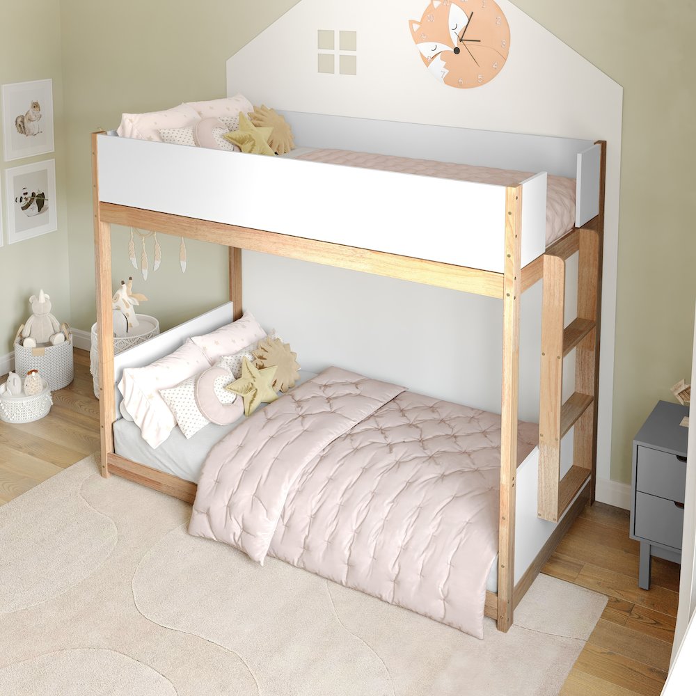 Bunk Bed Twin Over Twin, Convertible Solid Wood Bunk Bed Frame, White/Natural. Picture 3