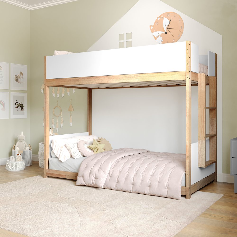 Bunk Bed Twin Over Twin, Convertible Solid Wood Bunk Bed Frame, White/Natural. Picture 7