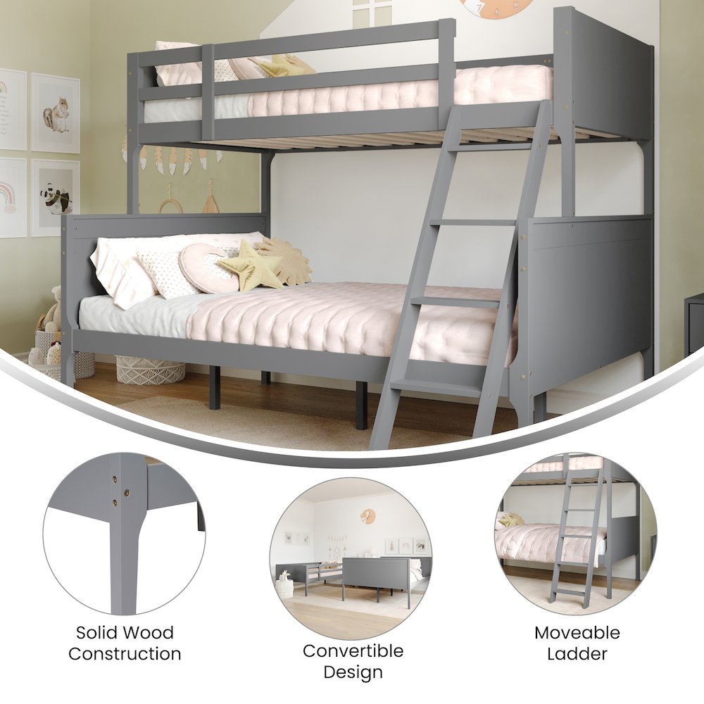 Bunk Bed Twin Over Full, Convertible Slatted Solid Wood Bunk Bed Frame, Gray. Picture 4