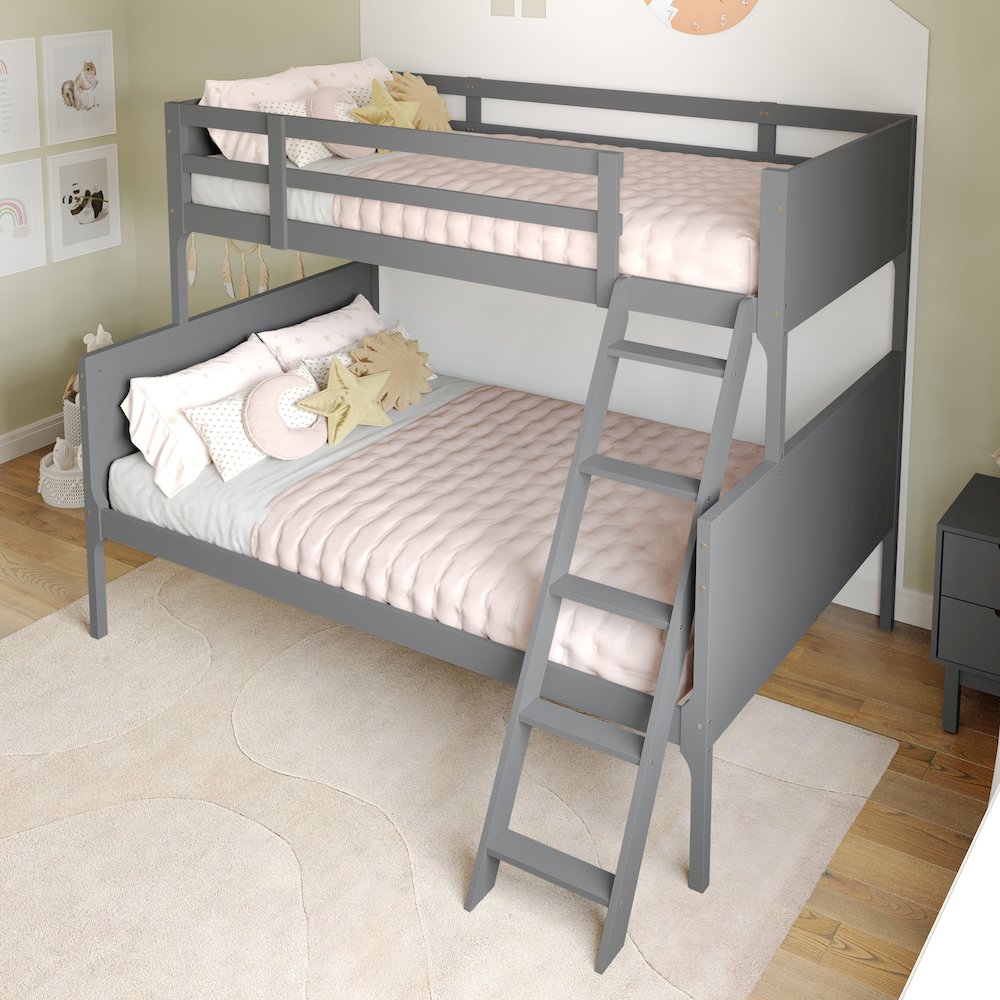 Bunk Bed Twin Over Full, Convertible Slatted Solid Wood Bunk Bed Frame, Gray. Picture 3