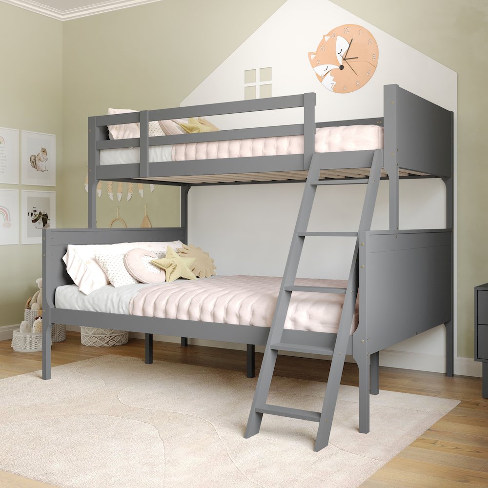Bunk Bed Twin Over Full, Convertible Slatted Solid Wood Bunk Bed Frame, Gray. Picture 7