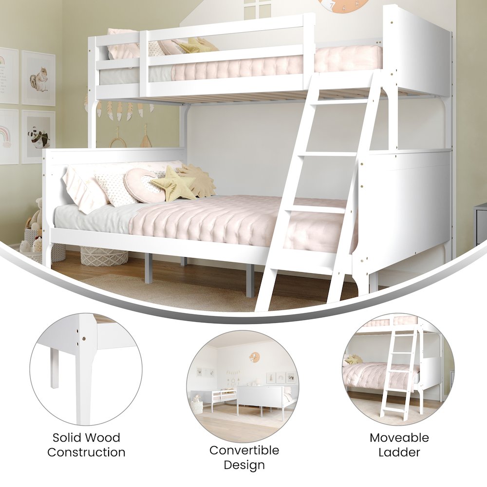 Bunk Bed Twin Over Full, Convertible Slatted Solid Wood Bunk Bed Frame, White. Picture 4
