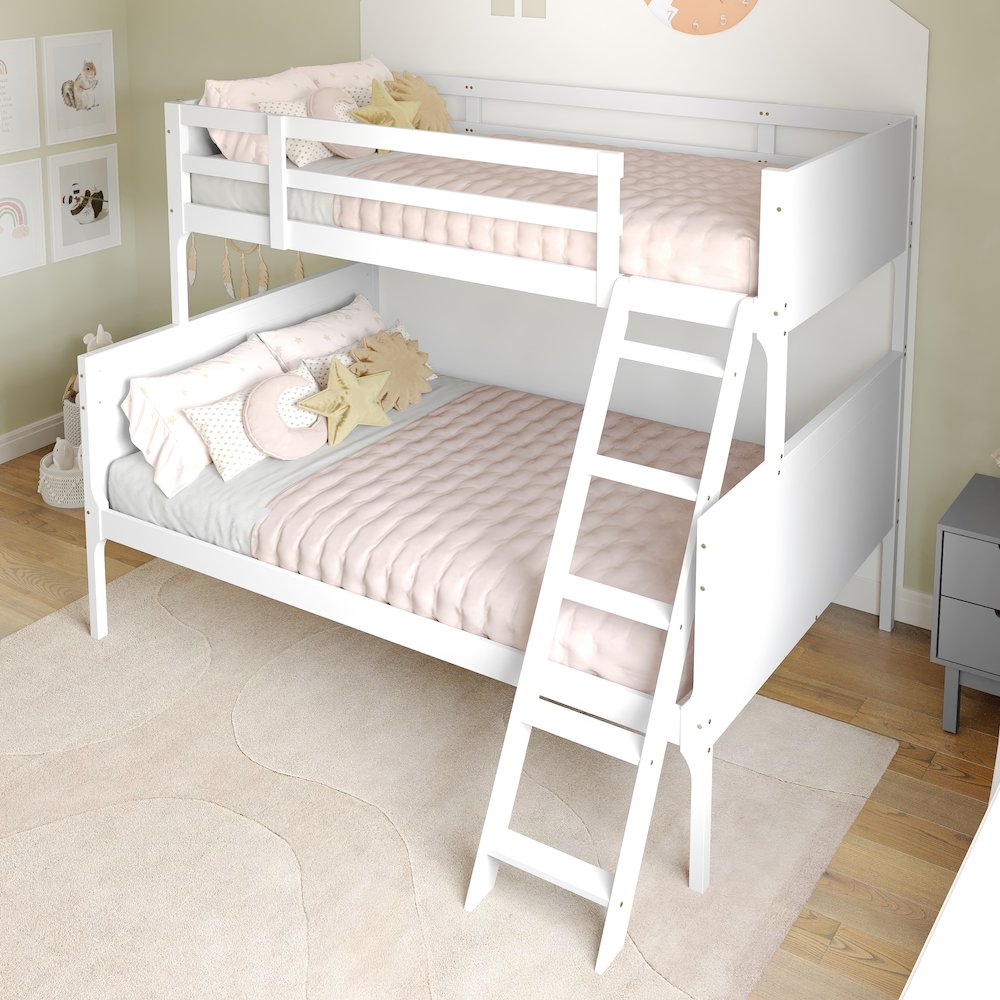 Bunk Bed Twin Over Full, Convertible Slatted Solid Wood Bunk Bed Frame, White. Picture 3