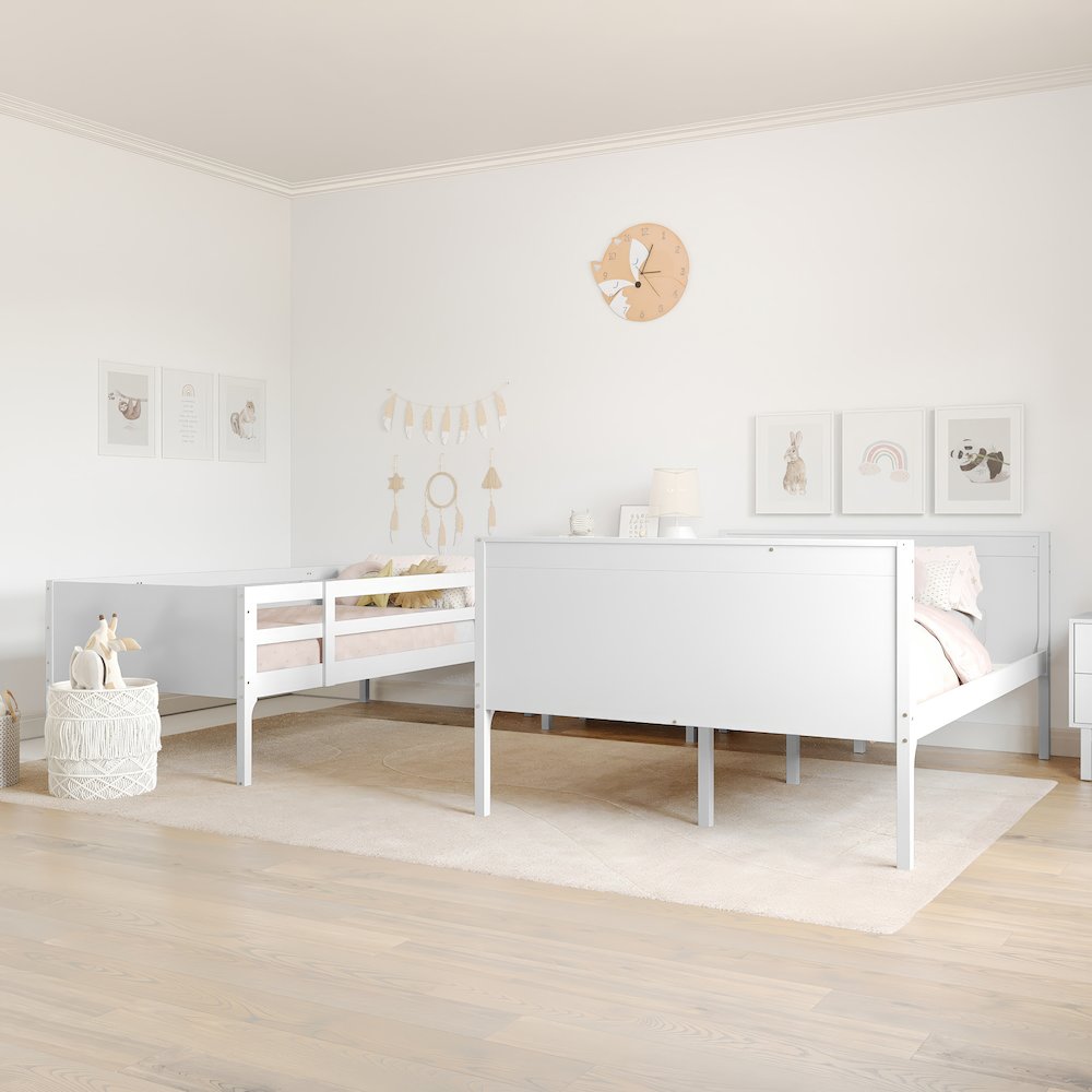Bunk Bed Twin Over Full, Convertible Slatted Solid Wood Bunk Bed Frame, White. Picture 6