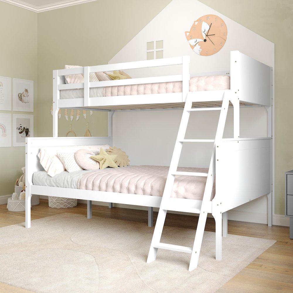 Bunk Bed Twin Over Full, Convertible Slatted Solid Wood Bunk Bed Frame, White. Picture 7