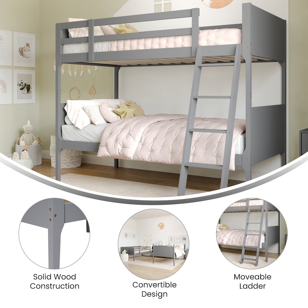 Bunk Bed Twin Over Twin, Convertible Slatted Solid Wood Bunk Bed Frame, Gray. Picture 4