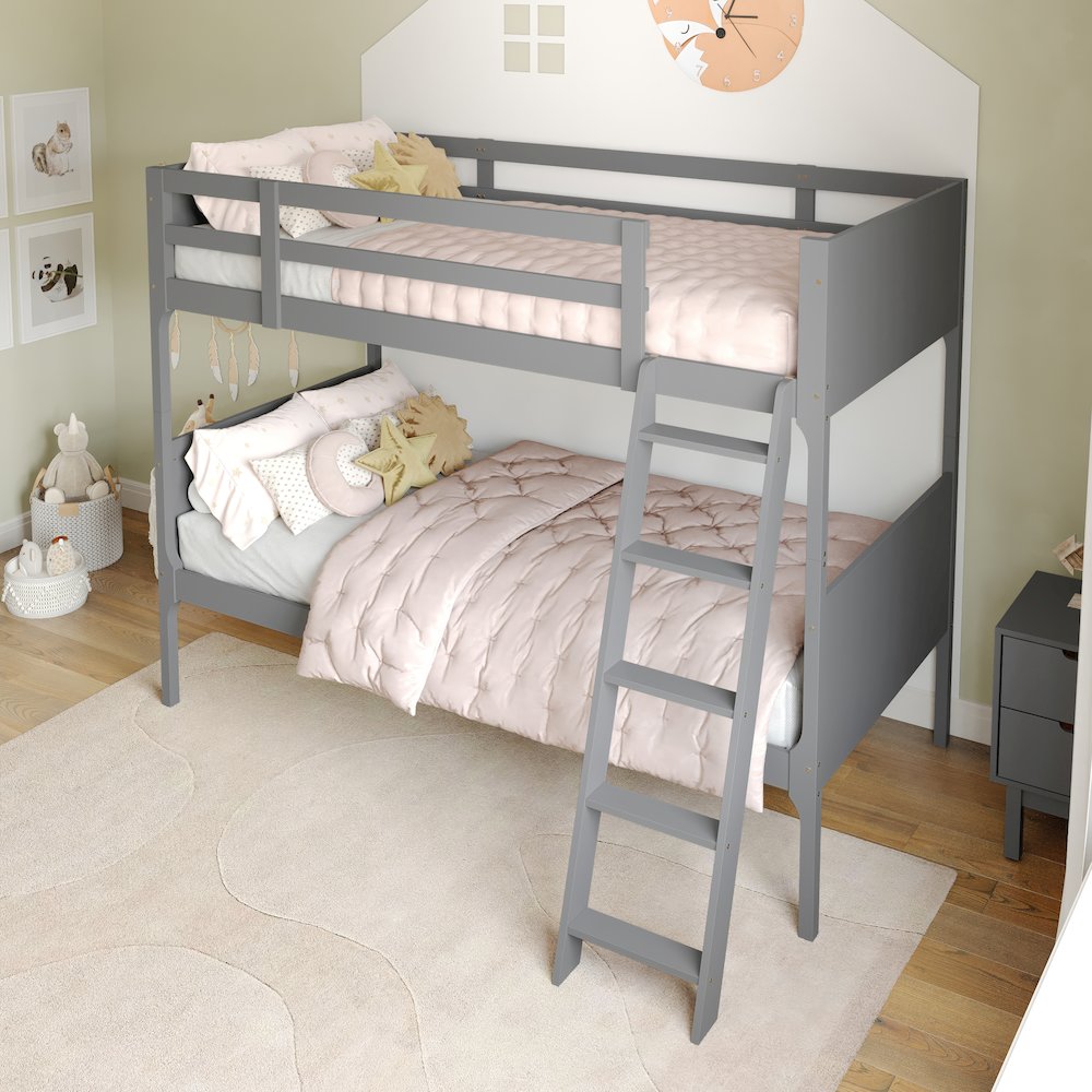 Bunk Bed Twin Over Twin, Convertible Slatted Solid Wood Bunk Bed Frame, Gray. Picture 3