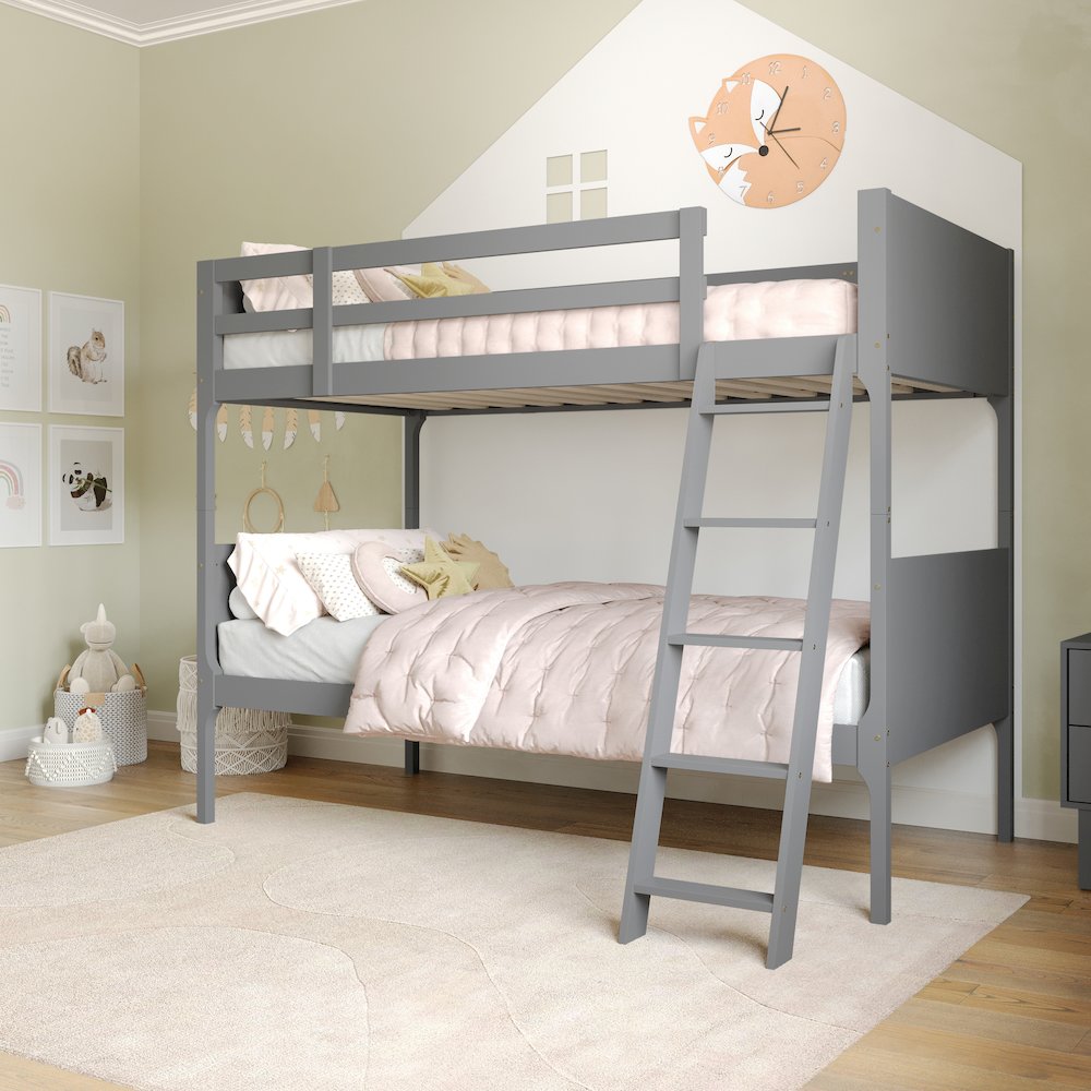 Bunk Bed Twin Over Twin, Convertible Slatted Solid Wood Bunk Bed Frame, Gray. Picture 7