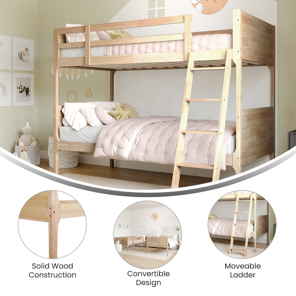 Bunk Bed Twin Over Twin, Convertible Slatted Solid Wood Bunk Bed Frame, Natural. Picture 4