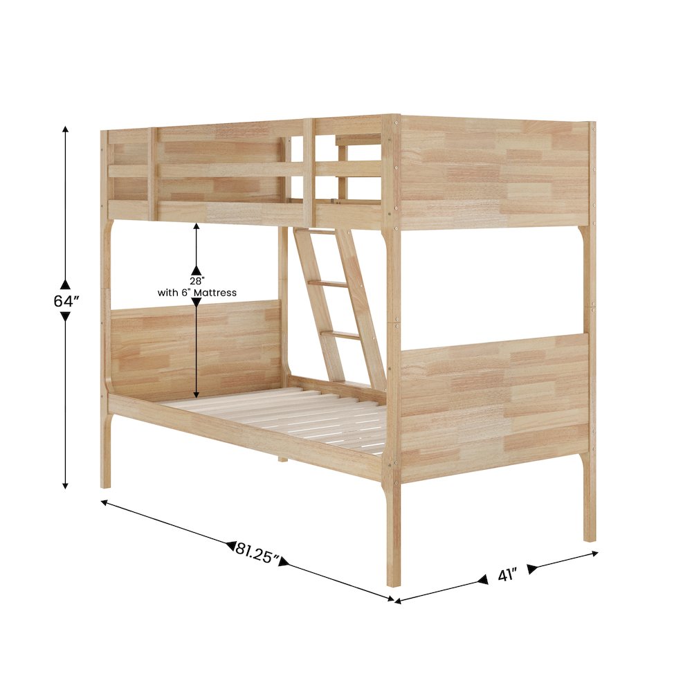 Bunk Bed Twin Over Twin, Convertible Slatted Solid Wood Bunk Bed Frame, Natural. Picture 5