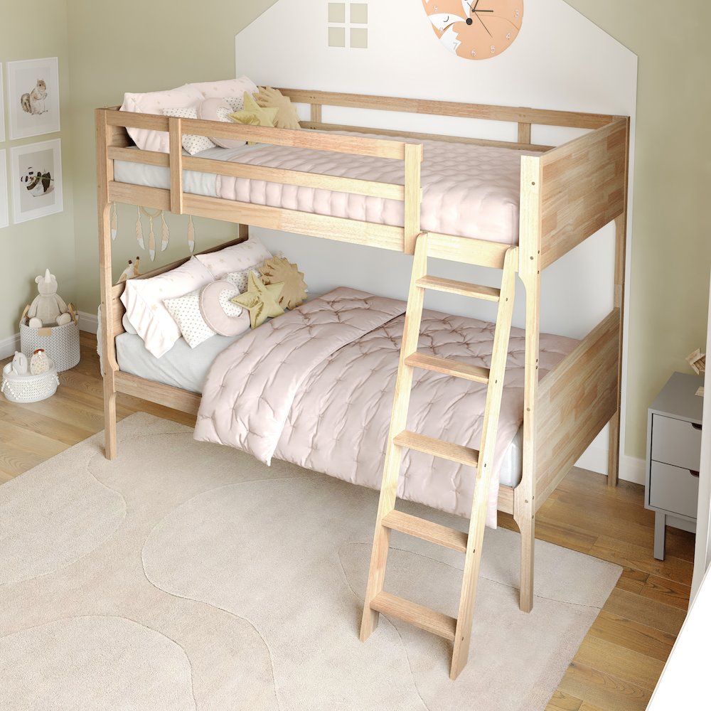 Bunk Bed Twin Over Twin, Convertible Slatted Solid Wood Bunk Bed Frame, Natural. Picture 3