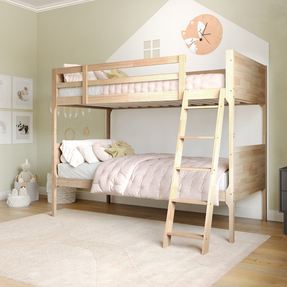 Bunk Bed Twin Over Twin, Convertible Slatted Solid Wood Bunk Bed Frame, Natural. Picture 7