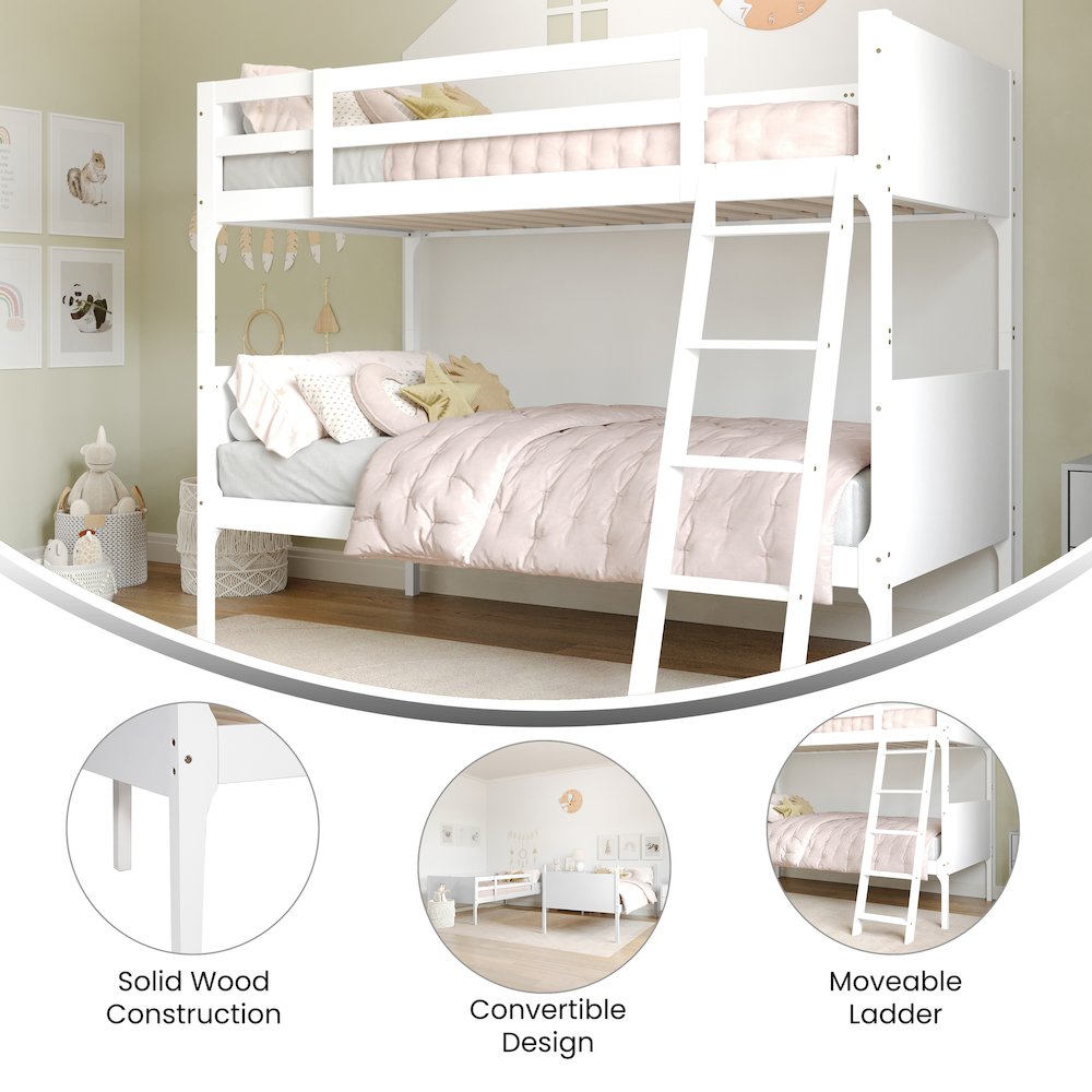 Bunk Bed Twin Over Twin, Convertible Slatted Solid Wood Bunk Bed Frame, White. Picture 4