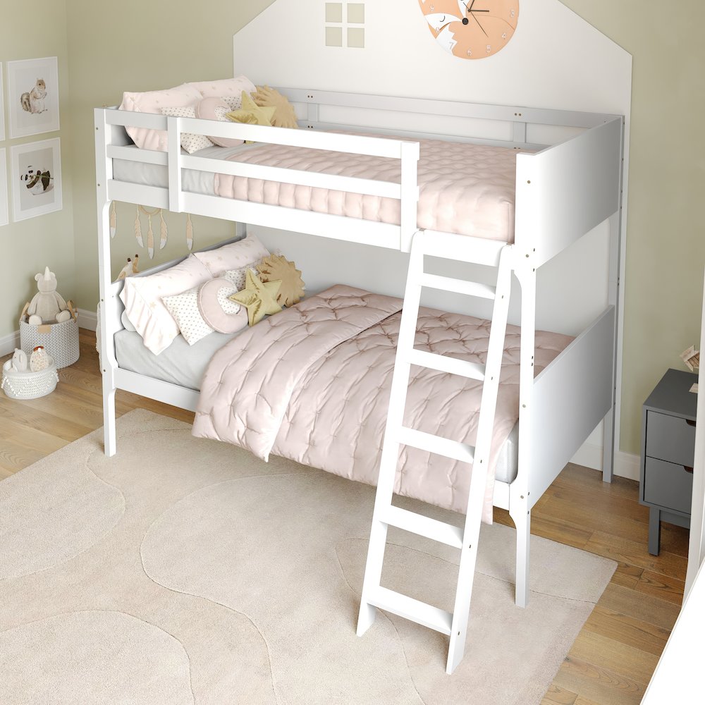 Bunk Bed Twin Over Twin, Convertible Slatted Solid Wood Bunk Bed Frame, White. Picture 3