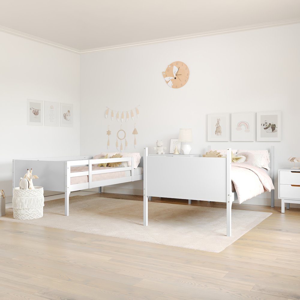 Bunk Bed Twin Over Twin, Convertible Slatted Solid Wood Bunk Bed Frame, White. Picture 6
