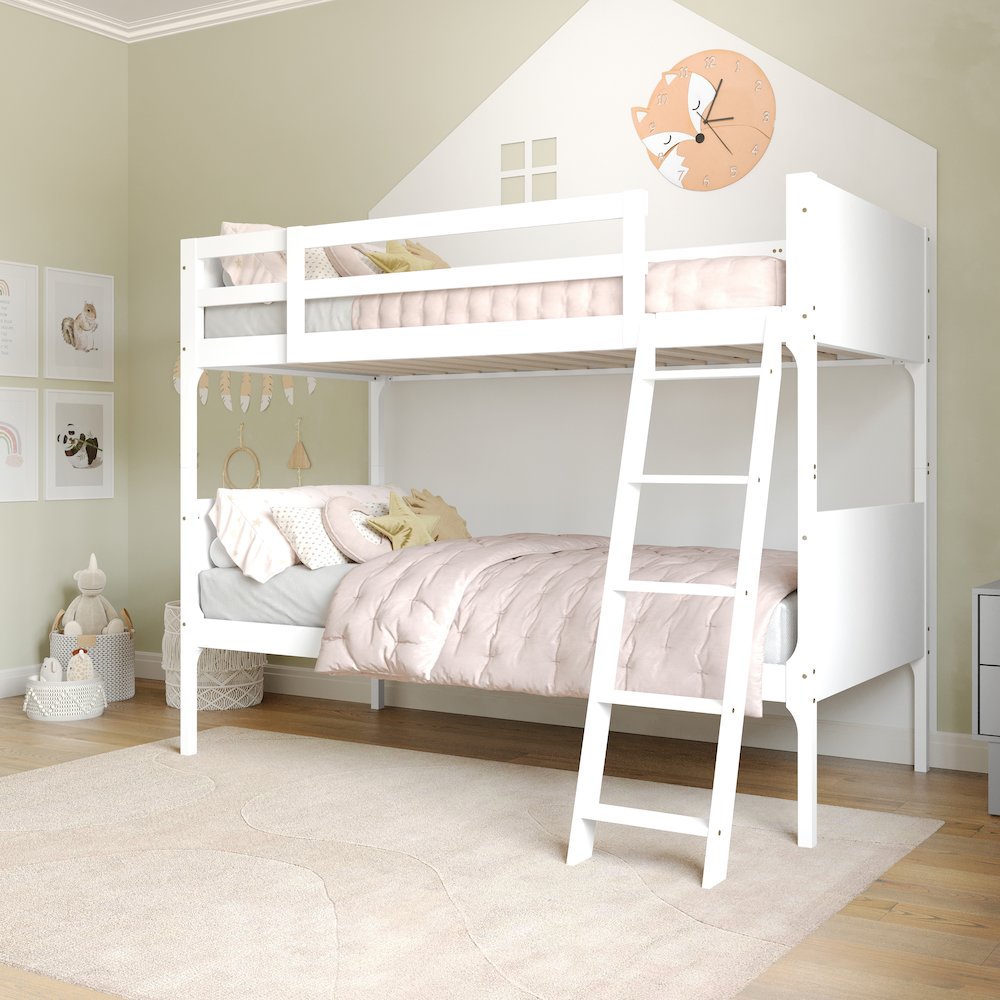 Bunk Bed Twin Over Twin, Convertible Slatted Solid Wood Bunk Bed Frame, White. Picture 7