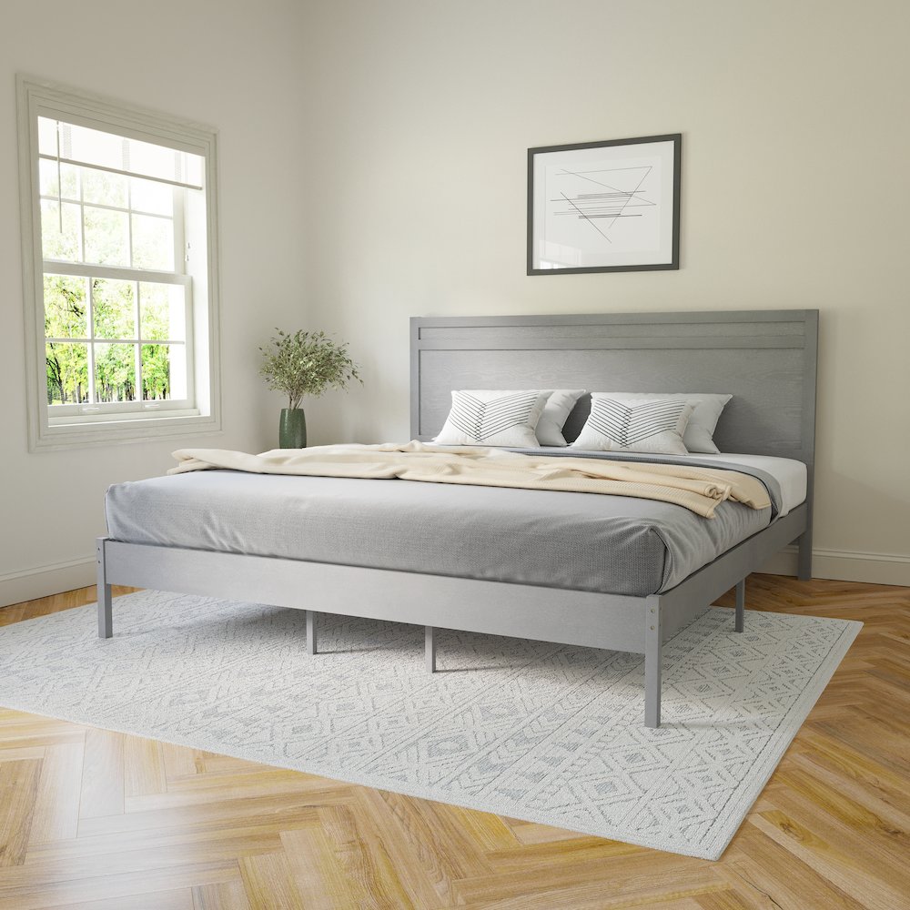 Modern King Size Wooden Platform Bed with Headboard. Picture 2