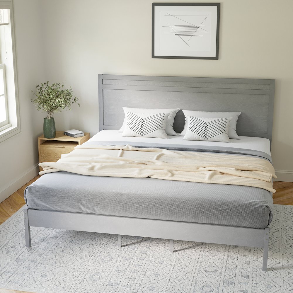 Modern King Size Wooden Platform Bed with Headboard. Picture 7