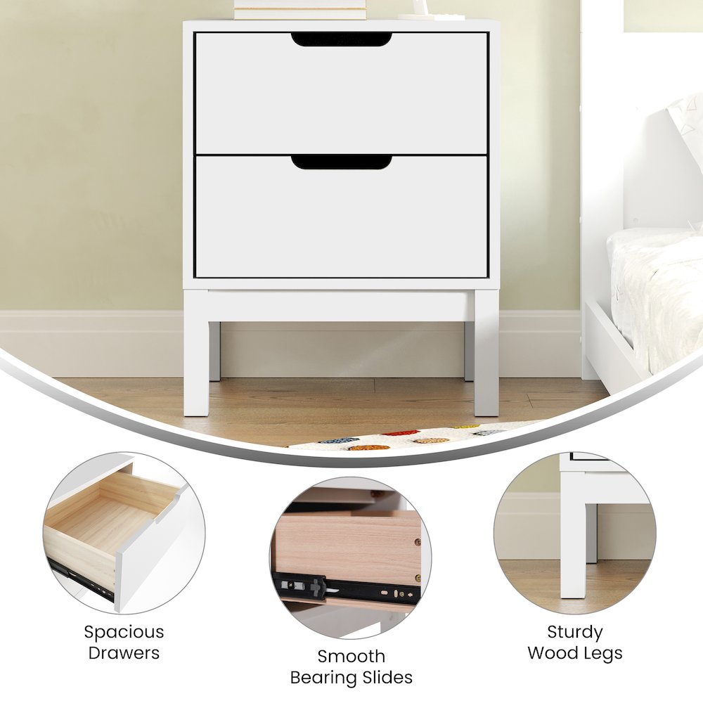 Dallas Wooden Night Stand, Bedroom Side Table with 2 Storage Drawers in White. Picture 4