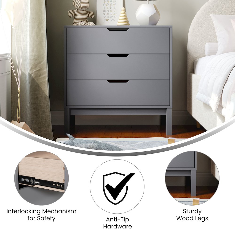 Dallas Wooden 3-Drawer Dresser for Bedroom, Chest of Drawers for Kids in Gray. Picture 4