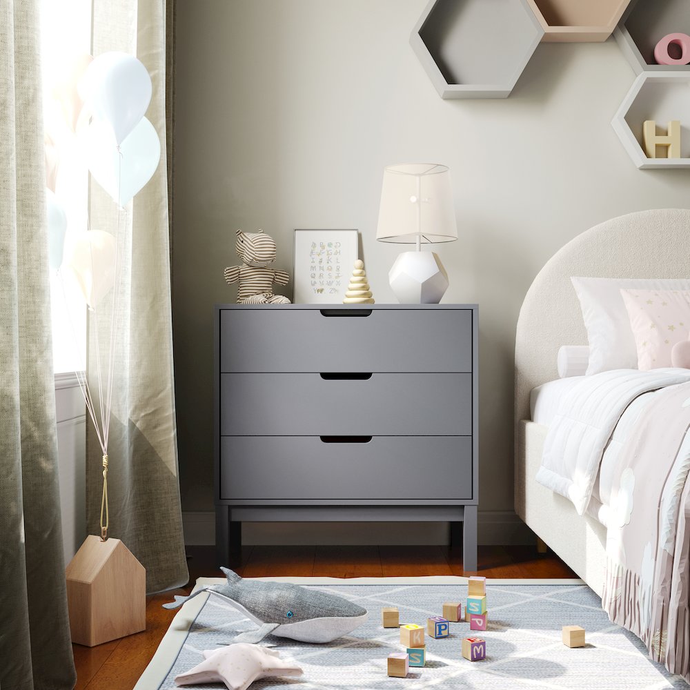 Dallas Wooden 3-Drawer Dresser for Bedroom, Chest of Drawers for Kids in Gray. Picture 3