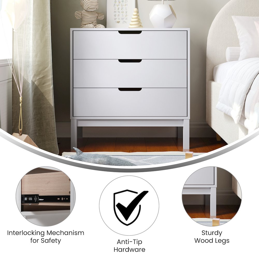 Dallas Wooden 3-Drawer Dresser for Bedroom, Chest of Drawers for Kids in White. Picture 4