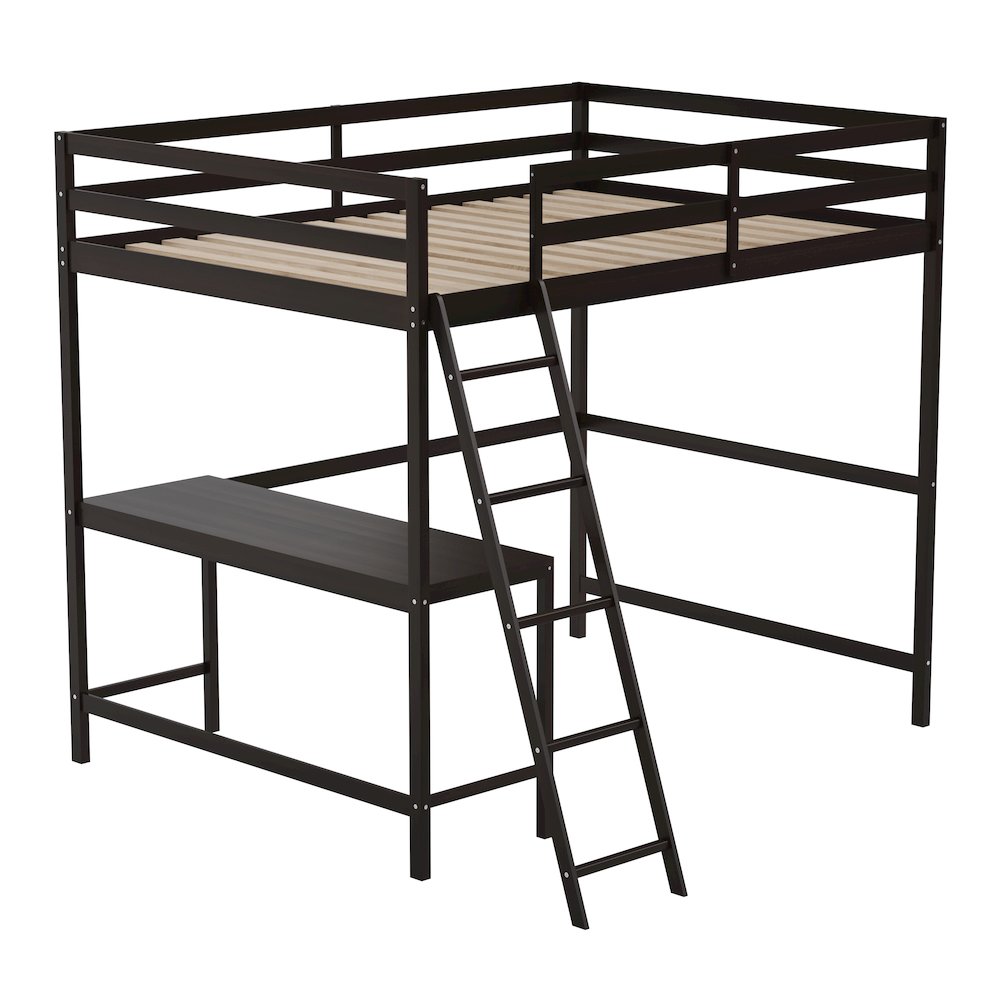 Loft Bed Frame with Desk, Full Size with Protective Guard Rails - Espresso. Picture 1