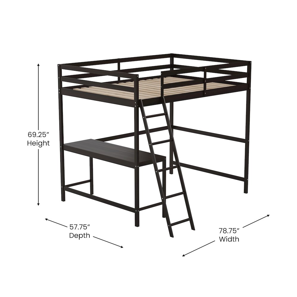 Loft Bed Frame with Desk, Full Size with Protective Guard Rails - Espresso. Picture 5