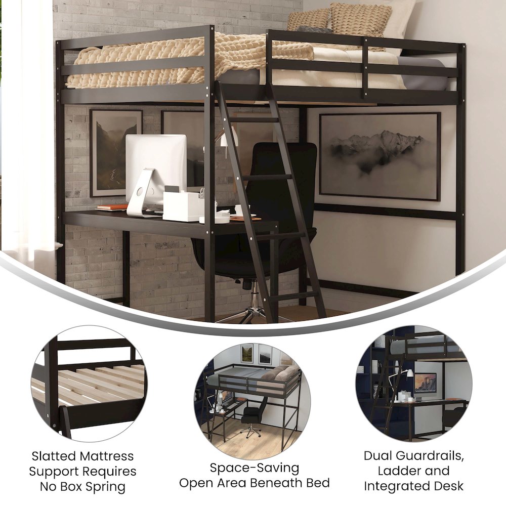 Loft Bed Frame with Desk, Full Size with Protective Guard Rails - Espresso. Picture 4