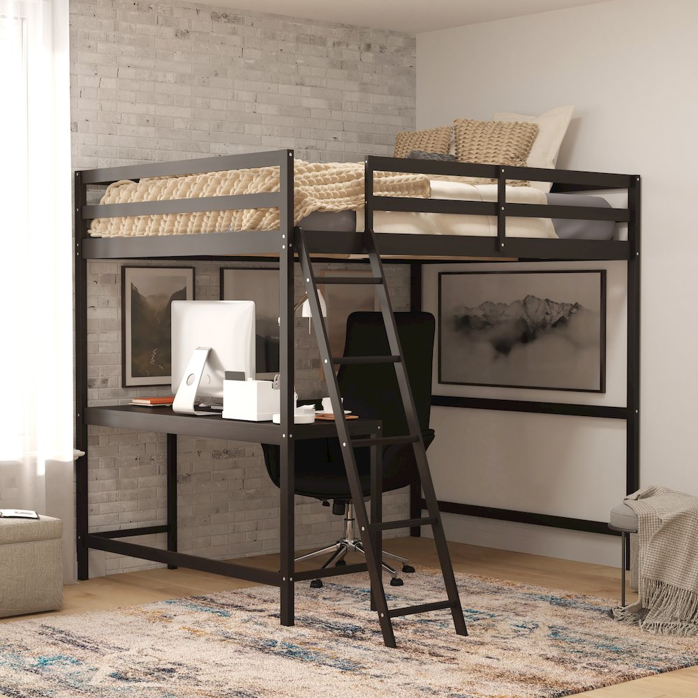 Loft Bed Frame with Desk, Full Size with Protective Guard Rails - Espresso. Picture 2