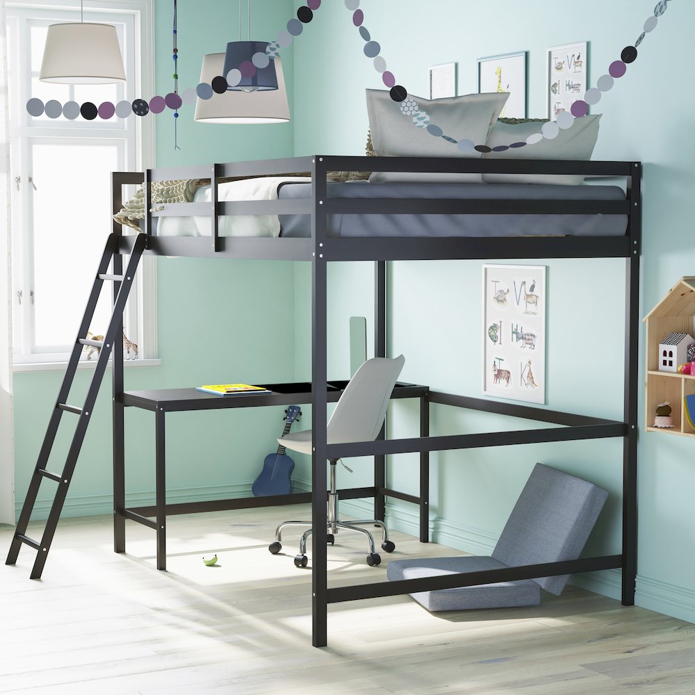 Loft Bed Frame with Desk, Full Size with Protective Guard Rails - Espresso. Picture 6