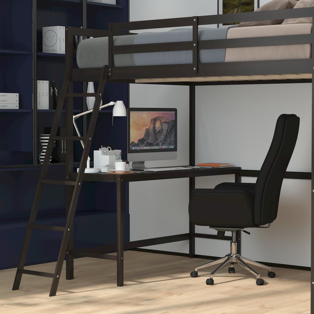 Loft Bed Frame with Desk, Full Size with Protective Guard Rails - Espresso. Picture 7
